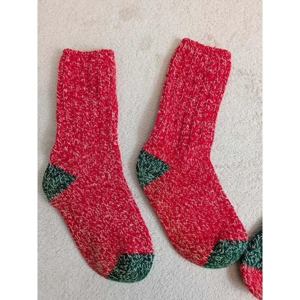 Cozy Knit Crew Socks Red Green Fair Isle Pattern Cozy Winter Warm Hand Knit Sock